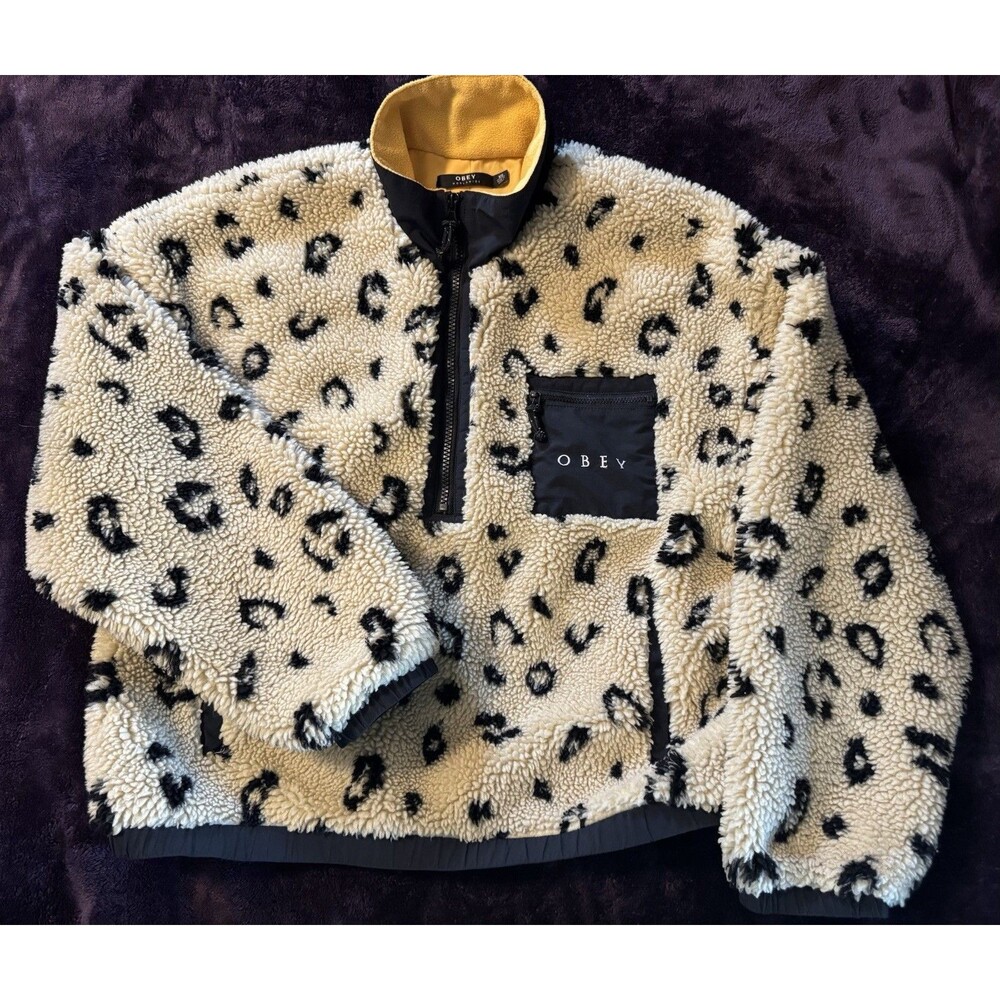 Obey Sherpa Fleece Pullover Jacket Womens  XS Chiller Leopard Print Half Zip